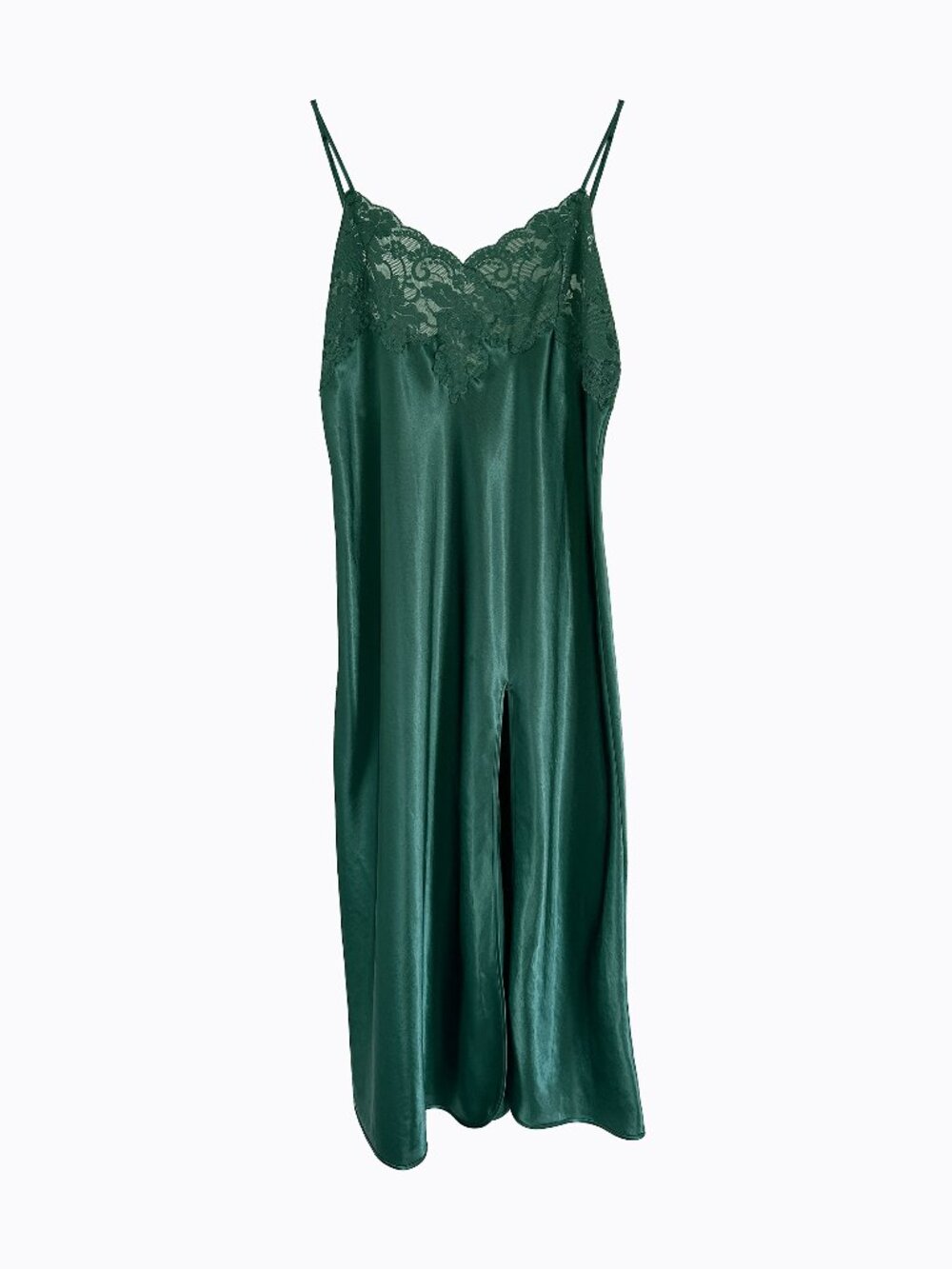 Vtg Victoria’s Secret Maxi Slip Dress M/L Chemise Emerald Lace Bodice Slit 90s